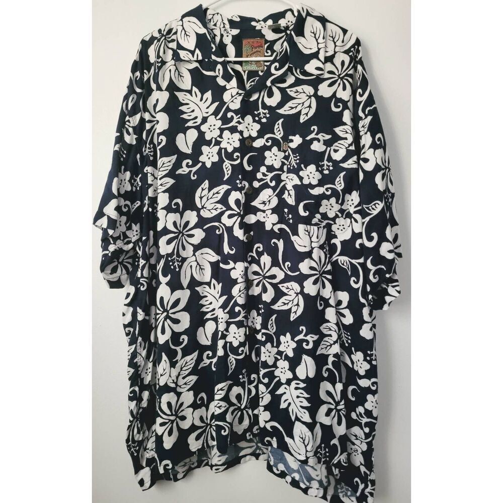 Pineapple Connection Blue Floral Haiwiann Print Shirt Dark Navy Blue Men's Size